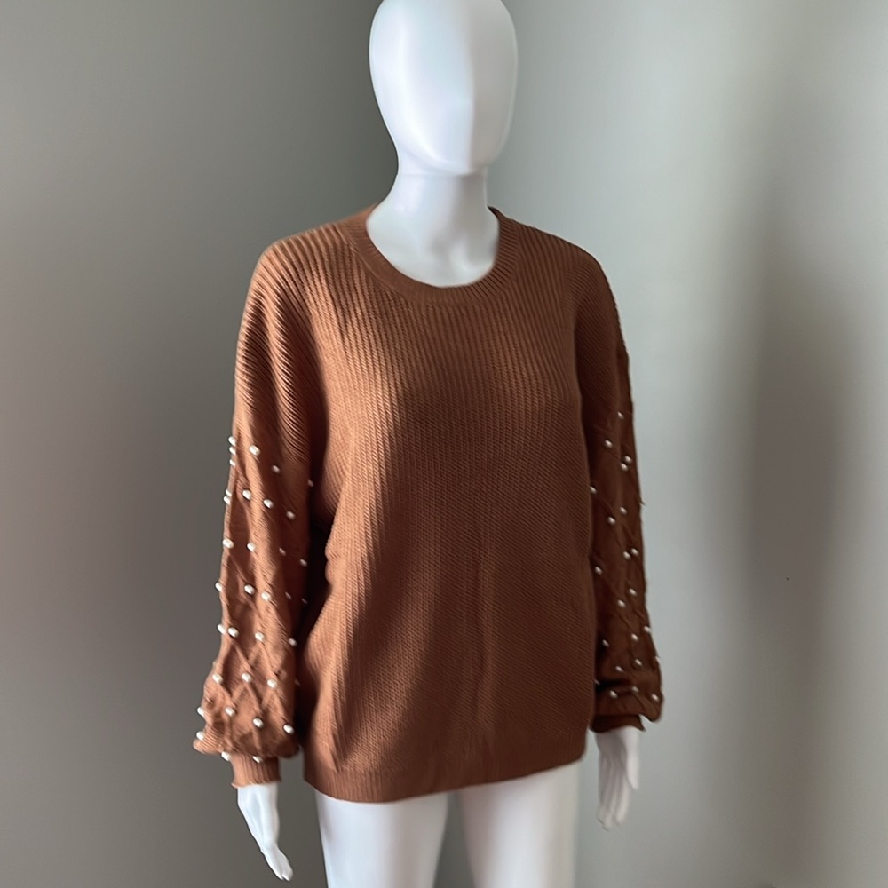 SHEIN LUNE Brown Crewneck Sweater with Pearl Accented Sleeves Size 6 - Picture 2 of 8